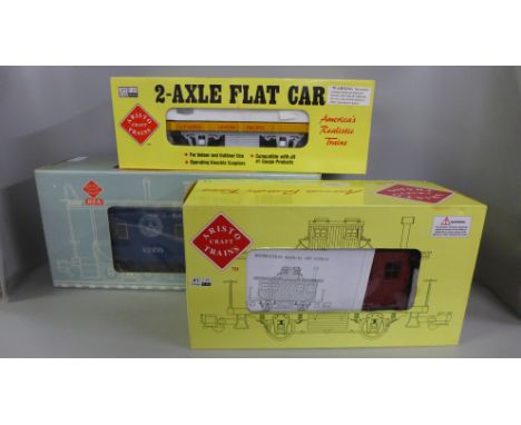 G-Scale model rail, Aristo Craft 2-axle flat car, Bobber Caboose and Railway Express Agency, The Caboose, all boxed 