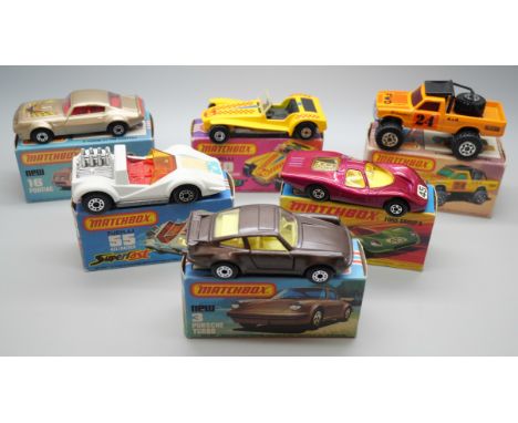 Six Matchbox Superfast die-cast model vehicles, 3, 16, 45, 55, 60, 63 