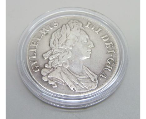 A William III 1696 crown, third bust, straight breast plate, first harp, octavo 