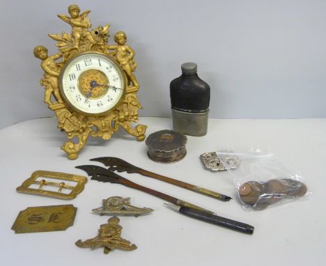 A collection of items including military interest trinket box enamelled SS Outrando, clock and hip flask 