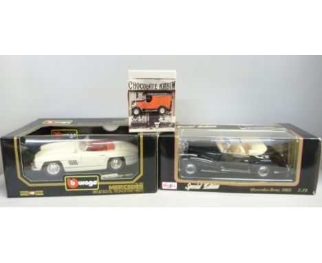 Two 1/8th scale die-cast model vehicles, Maisto Mercedes-Benz and Burago Mercedes-Benz 300SL Roadster and one other advertisi