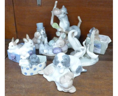 Two Lladro figures and seven Nao figures, largest a/f 