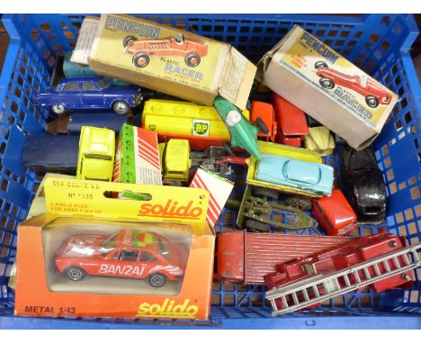 Die-cast model vehicles including Matchbox, Corgi and two boxed Penguin Plastic Racers 