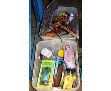 2 BOXES CONTAINING RUG BEATER, VARIOUS TOOLS, GARDEN ACCESSORIES, INSECT KILLER ETC    