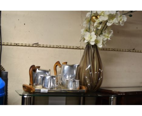 A 5 PIECE PICQUOT WARE TEA SERVICE &amp; A LARGE DECORATIVE GLASS VASE    