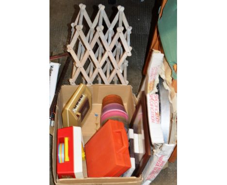 A BOX CONTAINING BOTTLE RACK, VINTAGE FISHER PRICE TOYS, DART BOARD ETC    