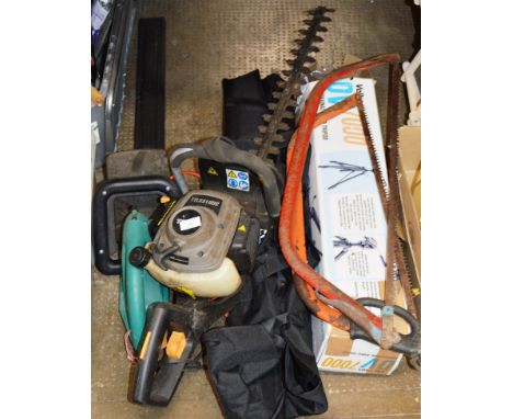 AN ENGINE HEDGE TRIMMER, VARIOUS TOOLS, TRIPOD STAND ETC    
