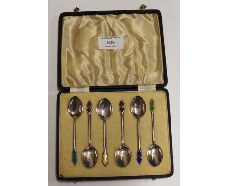 A CASED SET OF 6 ART DECO STERLING SILVER &amp; ENAMEL COFFEE SPOONS WITH BIRMINGHAM ASSAY MARKS, MAKER MARKS FOR JOSEPH GLOS