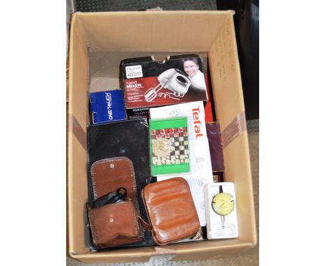 A BOX CONTAINING VINTAGE CAMERA, STEAM IRON, HAND MIXER, GAUGE ETC    