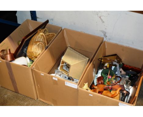3 BOXES CONTAINING QUANTITY TEA WARE, COPPER WARE, MIXED CERAMICS, WICKER BASKET, WOODEN ANIMAL ORNAMENTS, TABLE LAMP WITH SH