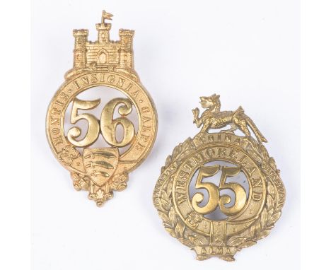 Pre 1881 brass glengarry badges of the 55th and 56th Regiments of Foot, (K&amp;K 514 and 515). The first GC, the second VGC a