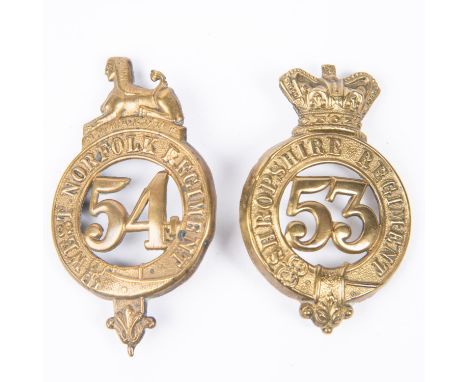 Pre 1881 brass glengarry badges of the 53rd and 54th Regiments of Foot (K&amp;K 512 and 513). GC £50-80 
