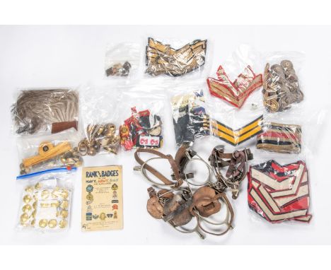 A small quantity of military equipment, insignia, etc, including 3 pairs of nickel spurs with straps; pair of iron spurs date