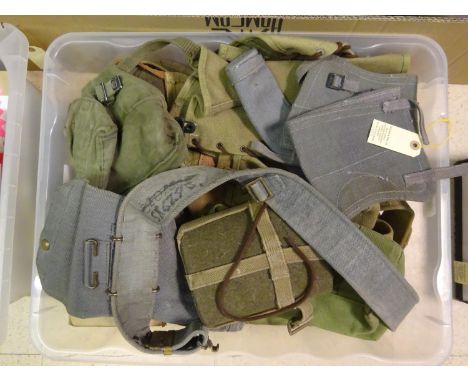 WWII webbing including: 2 belts, 3 pouches, gaiters, US Army leggings; 2 RAF post war pistol holsters, belt and gaiters, wate