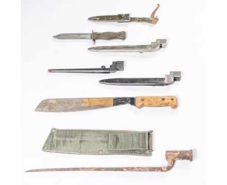 A British Army machete dated 1964, in its scabbard; 2 No9 knife bayonets; a Post War German fighting knife; a socket bayonet 