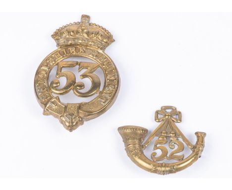 Pre 1881 brass glengarry badges of the 52nd and 53rd Regiments of Foot, (K&amp;K 510 and 511). GC £50-80 