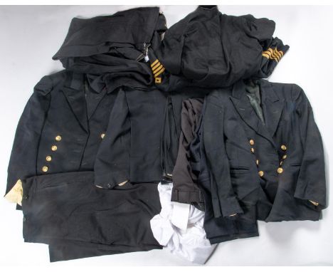 3 RN post 1953 officers' jackets, R Merchant Navy jacket and trousers sets; 4 pairs of RN officers' trousers and a shirt . GC