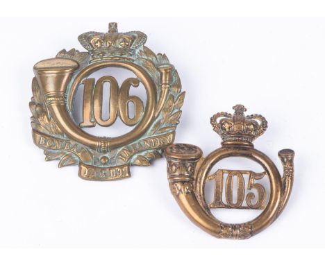 Pre 1881 brass glengarry badges of the 105th and 106th Regiments of Foot, (K&amp;K 582 &amp; 583). GC £60-80 
