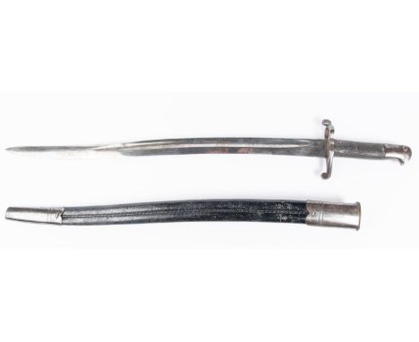 A Victorian 1856 pattern yataghan bayonet, 23" blade, in its steel mounted leather scabbard. GC £80-100 