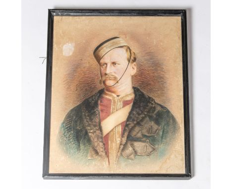 A 19th century watercolour portrait of an unidentified army officer, wearing pill box hat, frogged astrakhan coat and gold la
