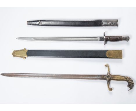 A 1907 patt SMLE Bayonet, in its black leather scabbard; a Georgian band sword with cast brass lion head hilt , 20" blade (sh