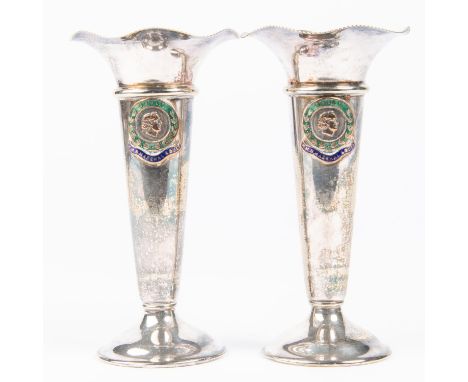 A pair of EPNS vases, bearing enamel badges of HMS Marshal Ney, VGC £30-40 