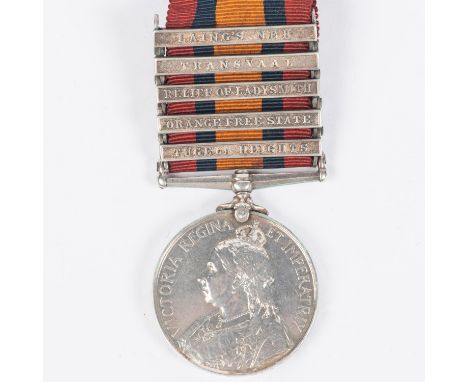 QSA 5 clasps T. Hts, OFS, Rel of Ladysmith, Trans, L. Nek (2540 Pte J Hughes, R Lanc. Regt), GVF. Verification note confirms 