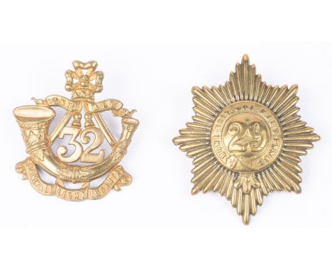 Pre 1881 brass glengarry badges of the 29th and 32nd Regiments of Foot (K&amp;K 471 and 477), GC, the first slightly worn. £6