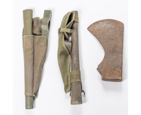 A very heavy iron axe head, 11½" in length; a WWII US Army pick mattock with belt case; another similar. GC  £40-60 