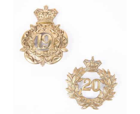 Pre 1881 brass glengarry badges of the 19th and 20th Regiments of Foot, (K&amp;K 451 and 453). GC £60-80 