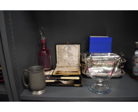 A selection of fine dinner wares including lidded serving dishes boxed cutlery and decanter