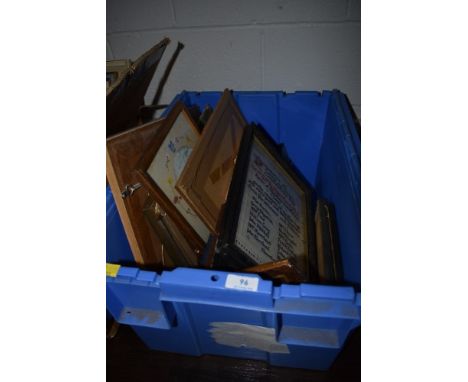 A box full of mixed pictures, original artworks and similar, including watercolours,antique photographs, prints and a present