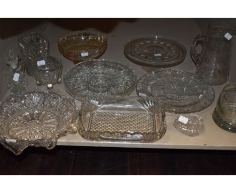 An assortment of predominantly vintage pressed glass and similar including cake stands, jugs, dishes and more, around twelve 