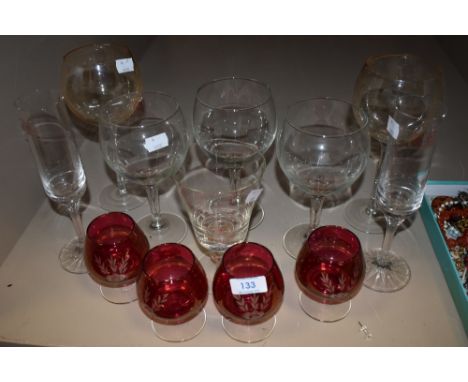 A collection of glass including four vintage red brandy glasses with gilt edging, twelve in total.