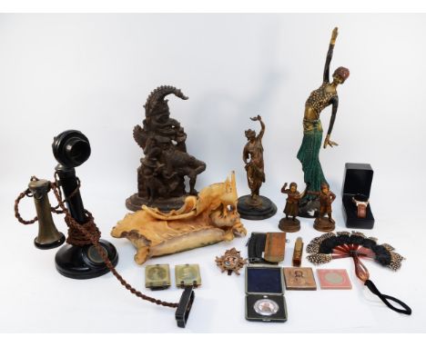 A bronze sculpture of a flapper girl, in the style of Art Deco, H-46cm, together with an assortment of homewares, to include,