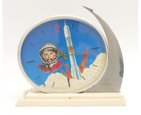 A 1960s USSR commemorative novelty desk clock, depicting Yuri Gagarin, commemorating his 12th April 1961 spaceflight, with a 