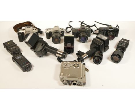 A Collection of cameras, to include Canon EOS 50E, Yashica, Canon EOS, Olympus OM, a Carl Zeiss Jena 35mm f/2.4 Lens