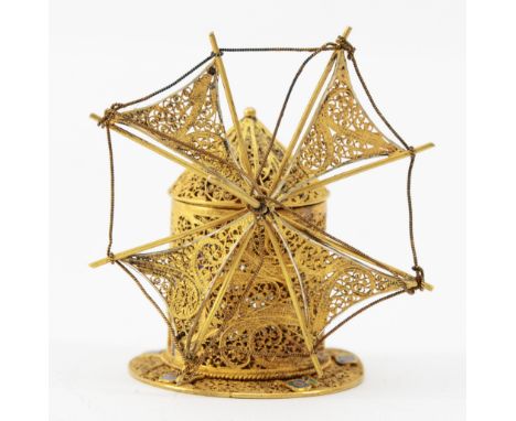 A Portuguese silver gilt and enamel filigree windmill, bearing 833 standard marks, spinning sails and pull off roof, 5.5cm, 2