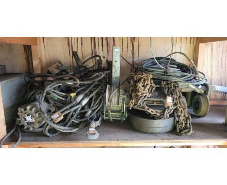 A 1/2 tonne 240v lifting hoist with chain and running gear, two manual lifting hoists with metal cables, Foxall Palmer 1 tonn