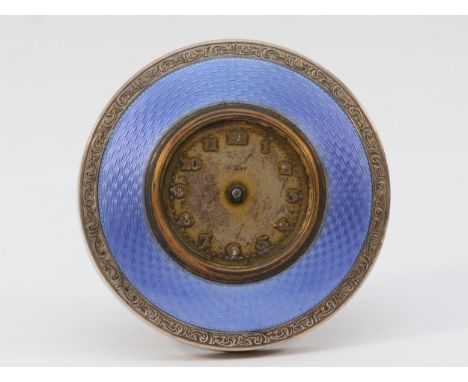 A silver and blue guilloche enamel desk timepiece, Birmingham 1923, 8cm. Enamel in good condition, clock not working, glass a