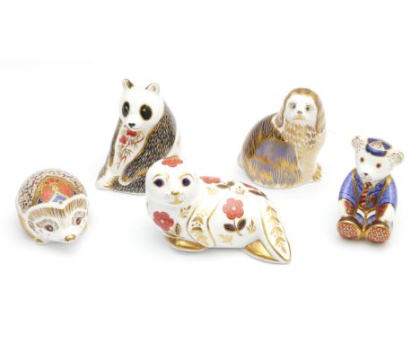 Five Royal Crown Derby Imari paperweights, to include three examples with silver stoppers and two examples with gold stoppers