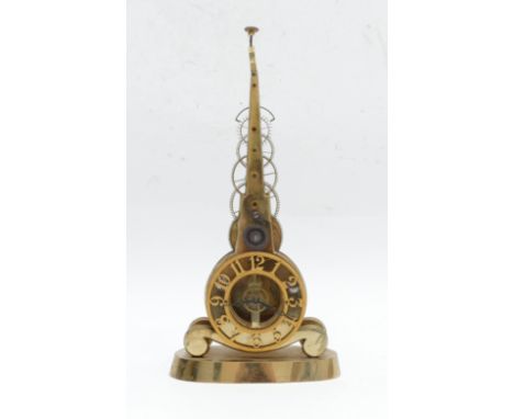 A 19th century brass skeleton clock, single train movement with balanced grasshopper design escapement, pierced chapter ring 