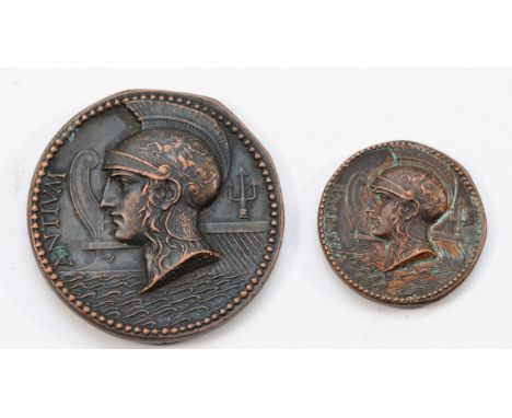 An Italian bronze medal for the inauguration of the Anzio - South America cable, October 1925, 36mm and another 22mm.The inau