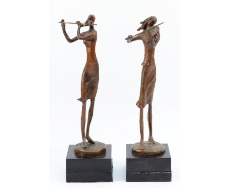 Kim Bernard b.1942 two bronze sculptures, a violinist and a flutist, 30cm