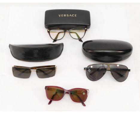 Four pairs of designer sun and reading glasses, to include, JustCavalli, JC071S col. B5 67 3 130, cased, Versace, MOD 3309 10