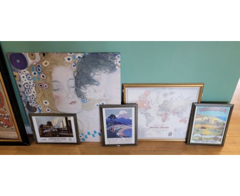 A collection of pictures, to include a modern abstract oil on canvas, 100x75cm, framed prints by Spencer Coleman, a Gustav Kl