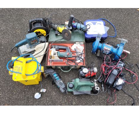 A large collection of power tools in Kenwood box.