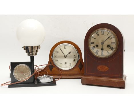 An Art Deco English mantel clock, stamped Goblin with an Arabic numeral dial, combined with electric lamp, H-33cm, together w
