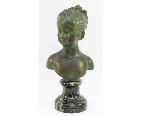 After Jean-Antoine Houdon, Bust of Louise Brongniart, in bronze with green patina, H-35cm, inclusive of the marble base, stam