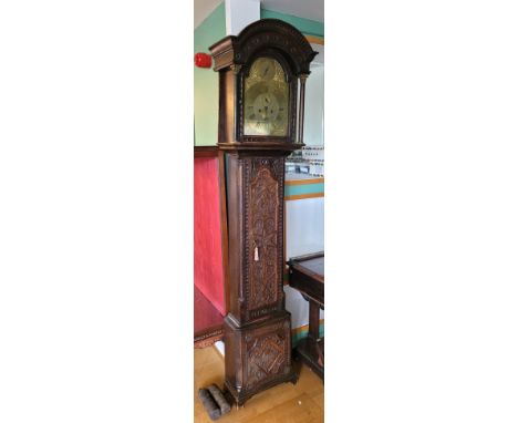 Jn &amp; Chas Morgan, Carmarthen, a carved oak longcase 8 day clock, with 12" brass dial, striking on a bell, pendulum, 2 x w